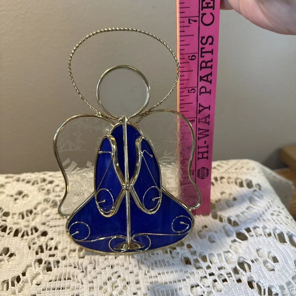 Stained Glass Angel Votive Candle Holder Tea Light Blue Christmas
